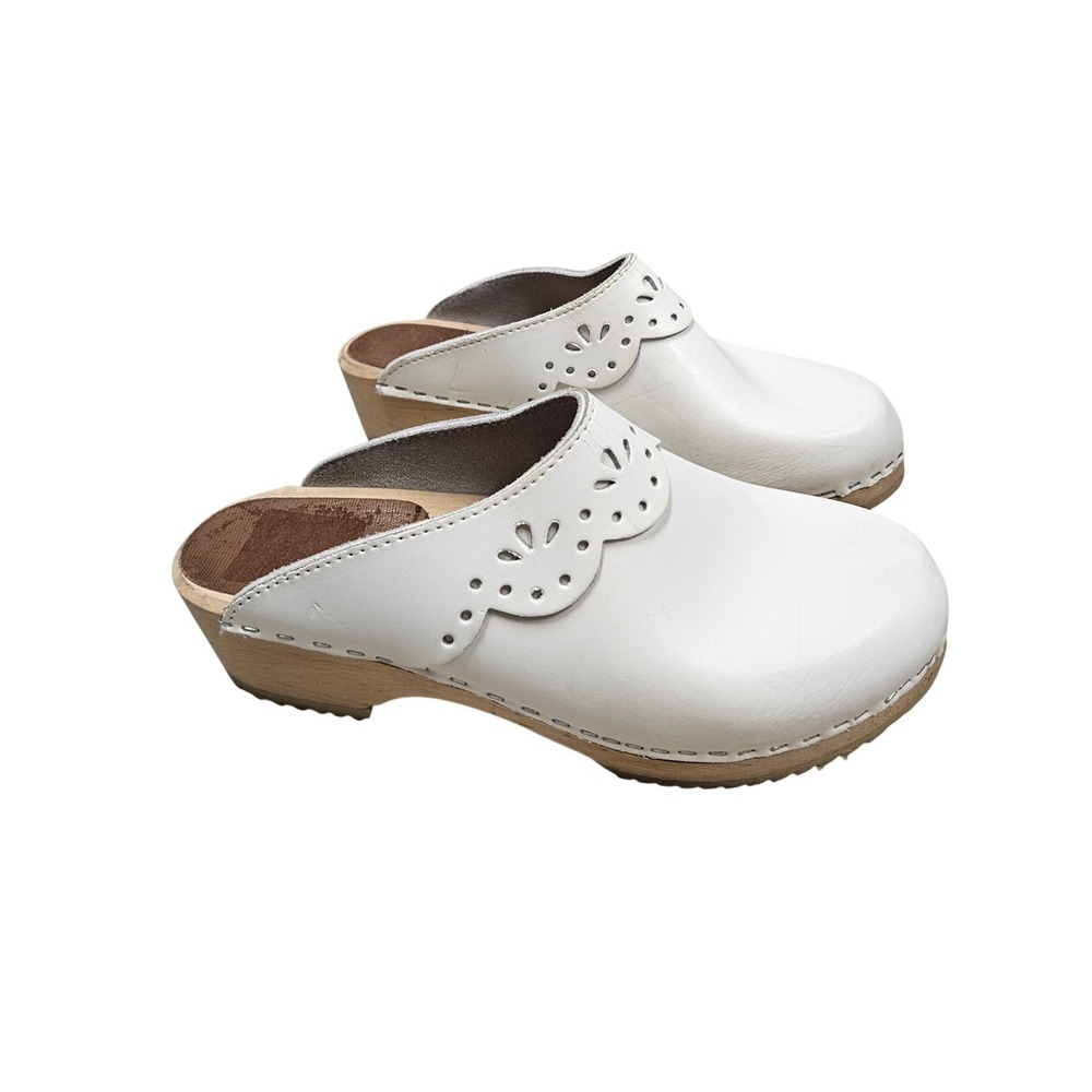 White Leather Scalloped Sweden‎ Wooden Clogs Women 40 Swedish Style Mule Slip On